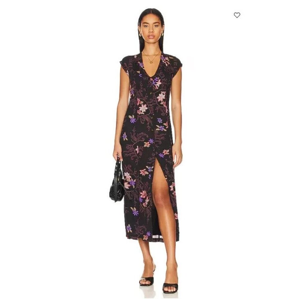 Free People Womens XS Rosemary Printed Midi Dress in Night Combo NEW